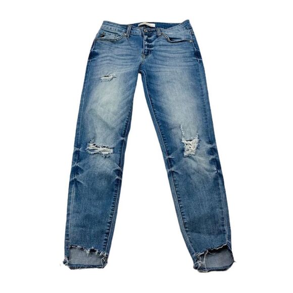 ✨HP✨KanCan Asymmetric Distressed Mid Rise Blue Light Wash Skinny Jeans✨ - Picture 2 of 4